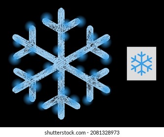 Glowing crossing mesh snowflake with lightspots on a black background. Light vector mesh based on snowflake symbol, with intersected mesh and lightspots.