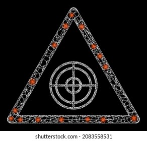 Glowing crossing mesh target warning with lightspots. Vector frame created from target warning icon, and from crossed lines. Glowing frame mesh target warning on a black background.
