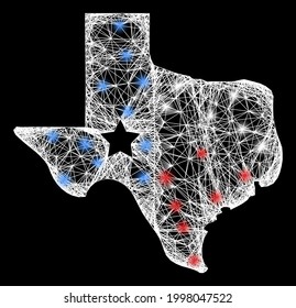 Glowing crossing mesh texas map logo frame with lightspots. Constellation vector mesh created from texas map logo pictogram and crossing white lines. Sparkle constellation mesh texas map logo,