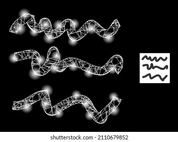 Glowing crossing mesh text scribbles icon with magic spots. Illuminated constellation generated using text scribbles vector icon and crossing lines. Illuminated frame text scribbles,