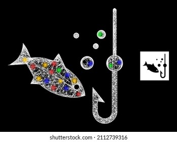 Glowing crossing mesh underwater fishing with multicolored lightspots. Illuminated vector mesh created from underwater fishing symbol. Sparkle constellation mesh underwater fishing,