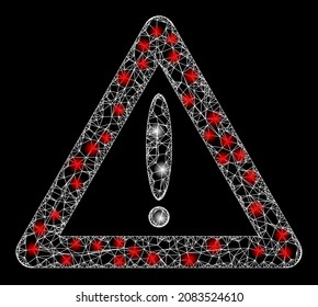 Señal de advertencia de malla de cruce brillante con puntos brillantes. Carcasa vectorial generada a partir del icono de signo de advertencia y de las líneas interseccionadas. Señal de advertencia de malla de la canal en un fondo negro.