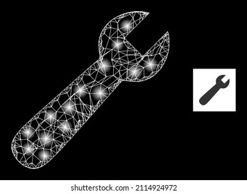 Glowing crossing mesh wrench icon with glowing spots. Illuminated model is done using wrench vector icon and intersected lines. Glowing frame wrench, on a black background.