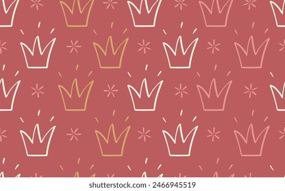 Glowing crowns with sparks seamless pattern. Doodle royal symbol repeated ornament. Vector design for textile, fabric, background, backdrop, wrapping paper, packaging.