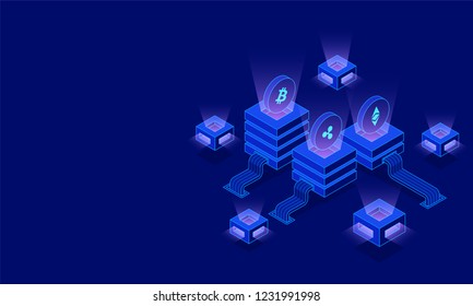Glowing crypto servers with virtual currencies on blue background for crypto exchange or mining concept based isometric design.