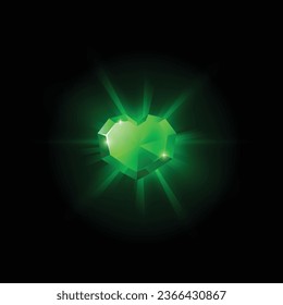 Glühende Kristall-Herzform, Spiel-Award-Element. Gefertigte Edelsteine, Schmuck- oder Edelsteine, Quarz oder kristallines Mineral. Realistische einzelne Vektorgrafik auf dunklem Hintergrund.