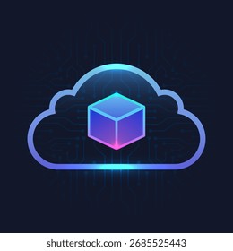 glowing cube stored in cloud icon over a circuit board background symbolizing digital storage technology internet connection and futuristic online service for modern computing and business