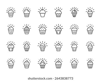 Conjuntos de ícones brilhantes do bolo de cepo - ilustrações vetoriais de estrutura de tópicos desenhadas à mão de doces de cuecas com realces radiantes para padaria, menus de sobremesa e design de interface do usuário