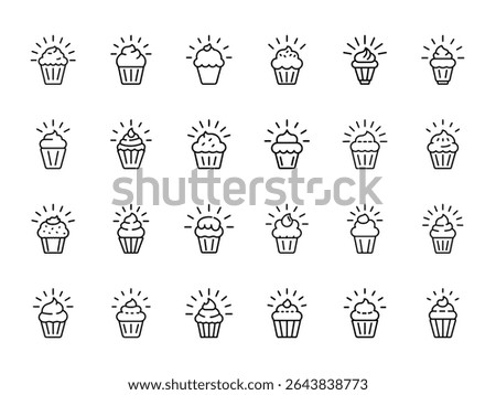 Glowing Cupcake Icon Set – Hand Drawn Outline Vector Illustrations of Sweet Cupcakes with Radiant Highlights for Bakery, Dessert Menus, and UI Design