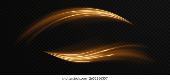 Glowing curved gold light streak with magical shimmer and elegant motion blur. Ideal for luxury visual design, UI overlays, festive effects, golden accents in animations or decorative highlights.