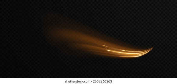 Glowing curved gold light streak with magical shimmer and elegant motion blur. Ideal for luxury visual design, UI overlays, festive effects, golden accents in animations or decorative highlights.
