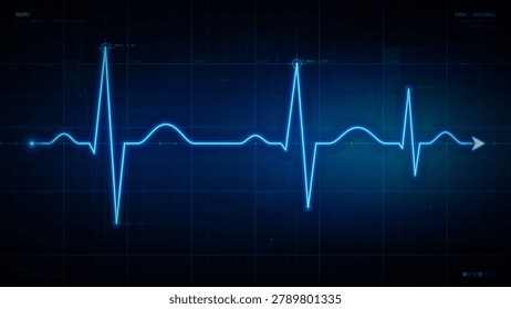 Glowing cyan digital pulse waveform on a dark grid interface with voltage peak markers, sync status labels, and futuristic monitoring accents