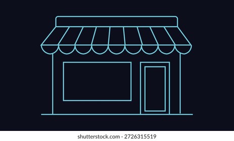 Esquema brillante del escaparate de la tienda cyan en el fondo oscuro que representa la fachada moderna del estilo del neón de la tienda del negocio minorista para el marketing de la marca y el uso del Web