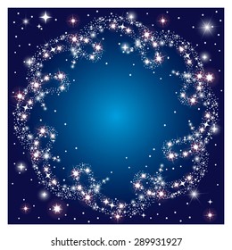 Glowing dark background with round frame sparkle stars 