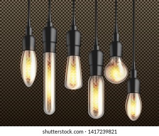 Glowing in darkness different shapes and forms incandescent light bulbs with heated wire filament hanging from above on black wire and holders 3d realistic vector isolated on transparent background