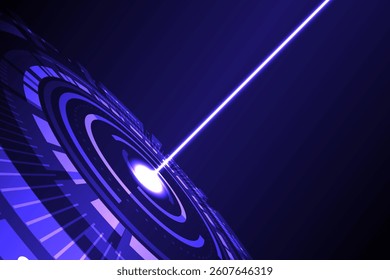 Glowing data symbol in a digital night sky with blue waves and shining stars. Hi Tech background.