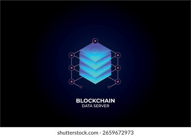 Data center brilhante, dados de processamento isométrico, sala de servidor, tecnologia de armazenamento em nuvem blockchain neon ultravioleta, para conceito de logotipo do data center, conexão de software de dados, moderno, neon, logotipo blockchain