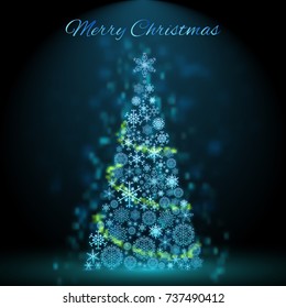 Glowing decorated christmas tree background flat vector illustration