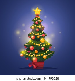Glowing decorated winter christmas tree with star, festoon and decor balls standing in a pot with red ribbon. Flat style isolated vector illustration.