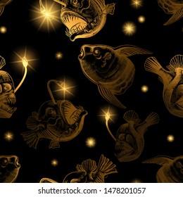 
  
Glowing deep sea fishes.  Anglers and the moon fish. Seamless vector pattern on a black background.Hand-drawn illustration in vintage style.