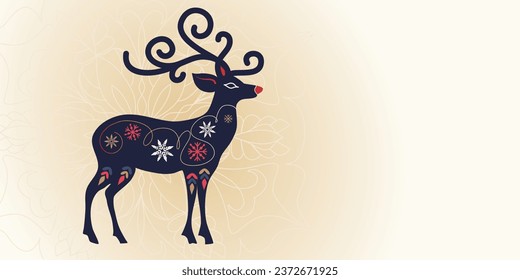 Glowing deer silhouette with ornament snowflakes, Christmas banner template with empty space for text. Christmas ornament light background
