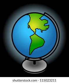 A glowing desk top globe on a black background.