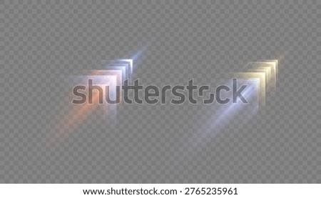 Glowing diagonal arrow light streaks on transparent background. Futuristic vector direction effect.