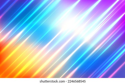 Glowing diagonal light stripes in motion over colorful background. Luminous blurred lines moving fast. Flaring bright streaks. Abstract composition.