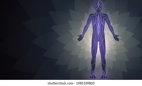 Glowing diagram of acupuncture points on the human body