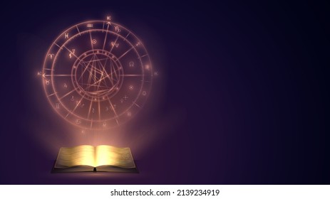 Glowing diagram of a natal chart and an open magic book