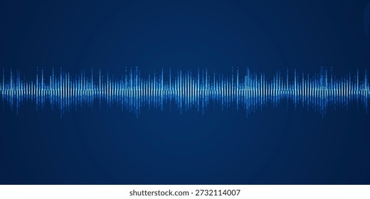 Glowing digital audio waveform on dark blue background with dynamic sound signal visualization, representing music technology data rhythm and modern audio communication concept.