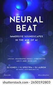 Glowing digital background with hexagon grid, tech interface elements, and vibrant light flares. Perfect for futuristic music posters, DJ flyers, or cyber event visuals.
