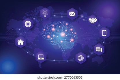 Glowing digital brain with global network icons on world map background, representing artificial intelligence, smart technology, communication, and innovation.
