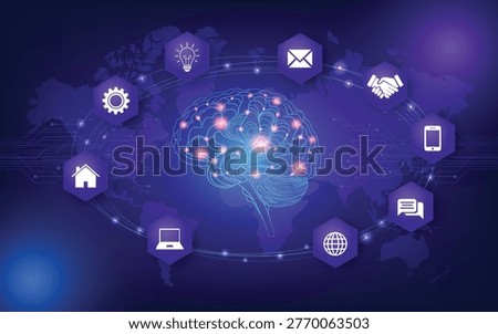 Glowing digital brain with global network icons on world map background, representing artificial intelligence, smart technology, communication, and innovation.