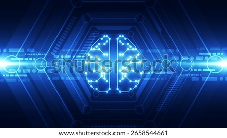A glowing digital brain with interconnected neural nodes, surrounded by futuristic blue circuitry and technology elements. Perfect for AI, machine learning, deep learning, intelligent tech concepts.

