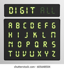 Glowing digital character set from a typeface on a screen, vector illustration