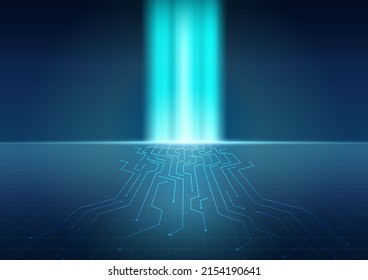 Glowing Digital Circuit on Perspective Cyber Grid Floor, Uploading and Downloading, Data Transfer, Futuristic Technology Background