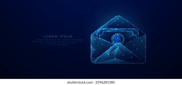 Glowing digital envelope with a dollar symbol, representing online banking, fintech, or digital payments on a dark blue background