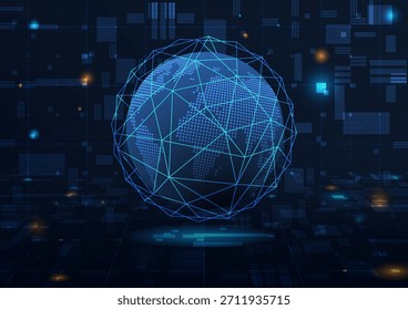 Glowing digital globe with connected network lines on a futuristic tech background. Ideal for global communication, data systems, cybersecurity, AI, and technology concepts. Vector Illustration.