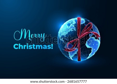 Glowing digital globe wrapped in red ribbon like present, symbolizing global holiday wishes. Eco, global business, sustainable Christmas themes. Futuristic vector illustration for seasonal branding.