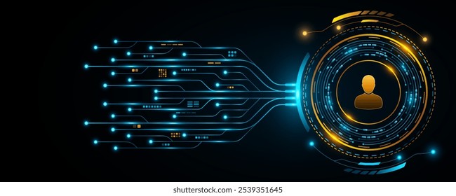 Glowing digital hud circle with AI circuit board for user interface. Hi-tech panel with electronics details for UI design. Modern futuristic background. Vector illustration. EPS 10