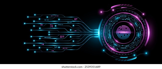 Círculo de hud digital brillante con escaneo de huellas dactilares del usuario. Placa de circuito AI con detalles electrónicos para la interfaz de usuario. Diseño de interfaz de usuario y GUI. Panel de pantalla táctil futurista. Ilustración vectorial. EPS 10