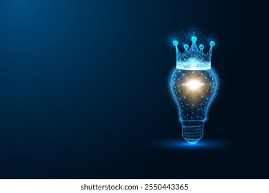 Glowing digital lightbulb with crown on dark blue background, symbolizing brilliance, innovation, leadership, and creative intelligence concept. Glowing low polygonal abstract vector illustration.