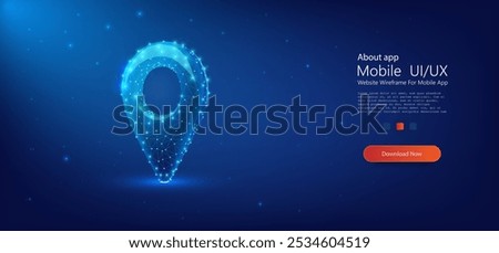 A glowing digital location pin composed of a network of interconnected lines and dots in a wireframe design on a dark blue background. Vector illustration