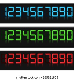 Glowing digital numbers, blue, green and red colors, vector eps10 illustration