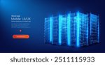 A glowing digital representation of a data center or server racks, depicted in a futuristic, transparent wireframe style with blue light effects.  Cyberspace banner. Vector illustration