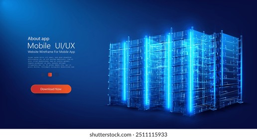 Uma representação digital brilhante de um data center ou de racks de servidor, representada em um estilo de wireframe futurista e transparente com efeitos de luz azul.  Banner do ciberespaço. Ilustração vetorial