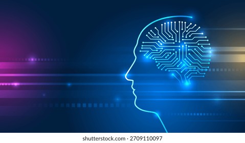 Una silueta digital brillante de una cabeza humana con un cerebro de estilo circuito, que simboliza la inteligencia artificial, las redes neuronales y la tecnología futurista sobre un fondo azul vibrante.
