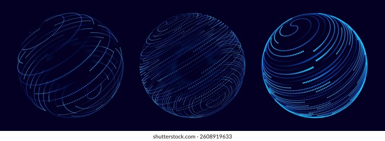 Glowing Digital Spheres Made of Lines and Dots on Dark Background. Futuristic 3D Data Visualization, Tech Globe, or Virtual Network Concept. Vector Illustration.