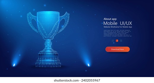 Glowing Digital Trophy Concept Illustration on Dark Background - Achievement and Success Symbol. Trophy cup. Abstract image of a champion cup in the form of a starry sky or space, consisting of points